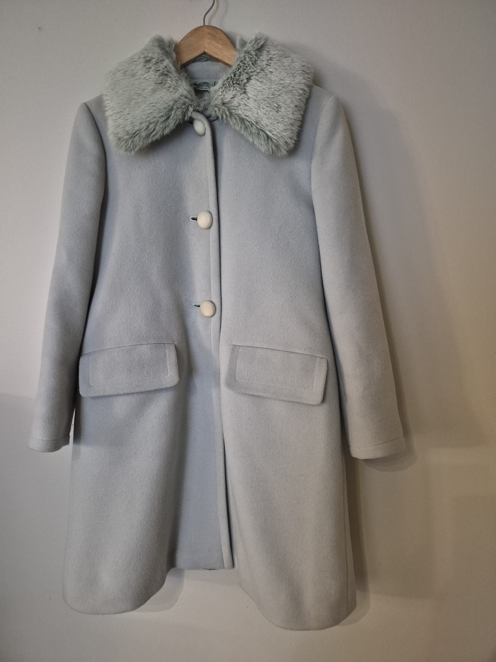 Sportmax Max Mara Mint Green Wool Blend Coat US 6 Faux Fur Collar Italy